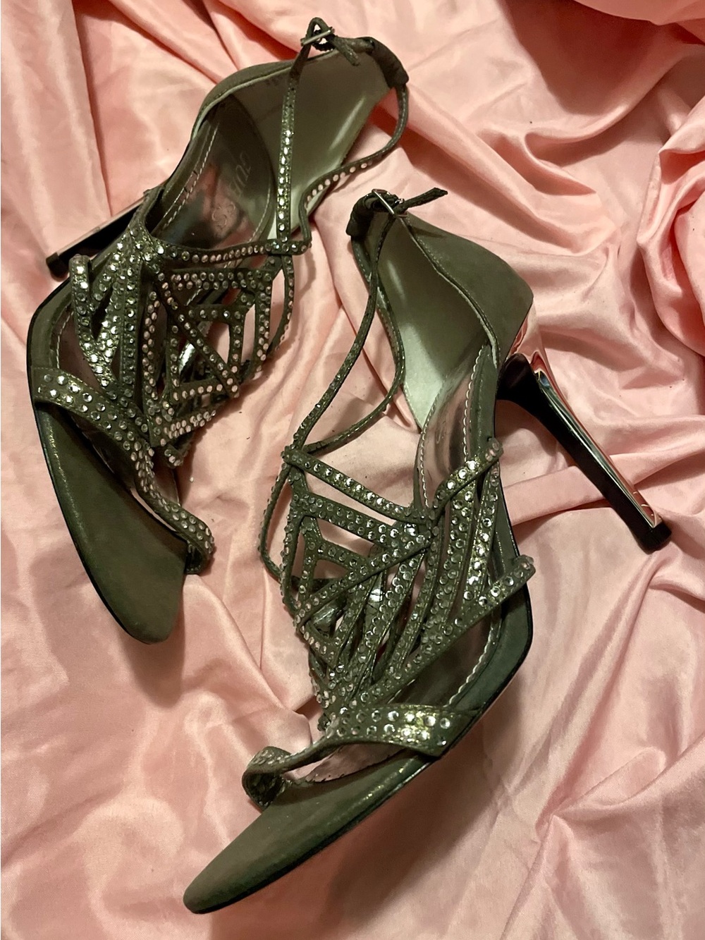 GUESS Metallic Bronze-Toned Crystal Strappy Heels
